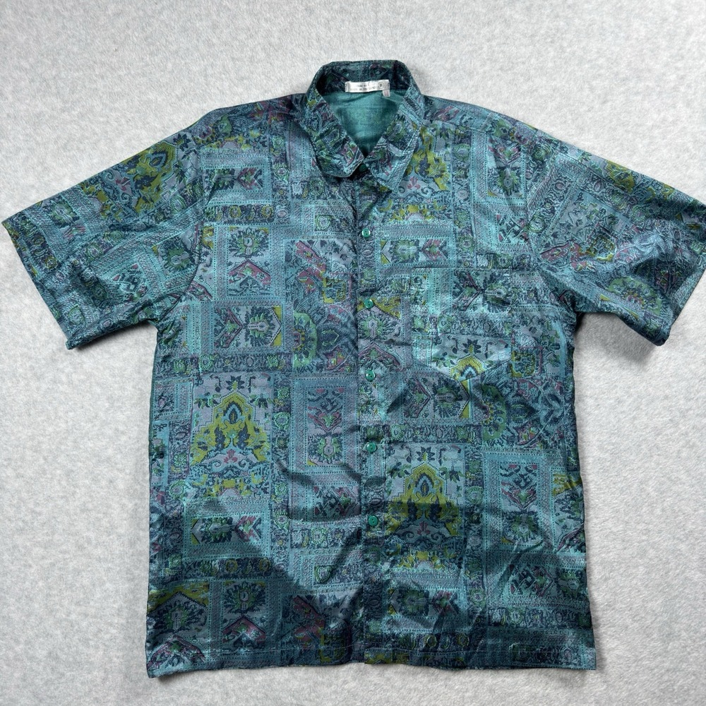 Vintage Thai Silk Men's Teal Blue Geometric Short Sleeve Button Shirt Medium